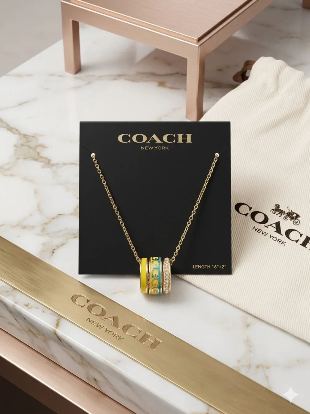 COACH Gold-Tone Yellow and Green Enamel Ring Pendant Necklace